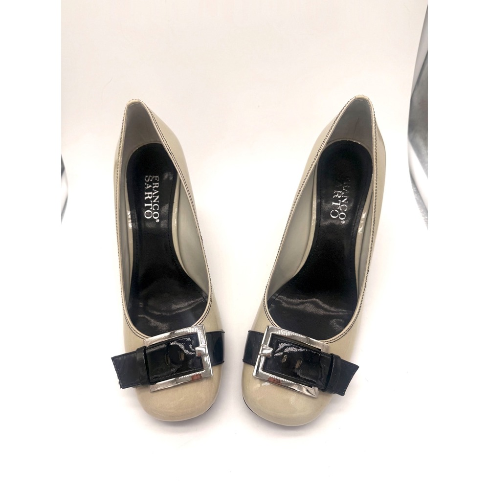 Franco Sarto Vintage Beige‎ Black Patent Leather Buckle Block Heel Pumps Shoes 8